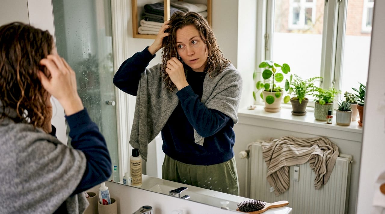 En kvinde står foran spejlet og fordeler krøllecreme i håret