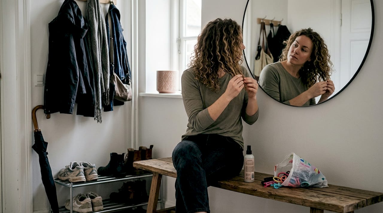 Kvinde ordner sine naturlige krøller i entréen