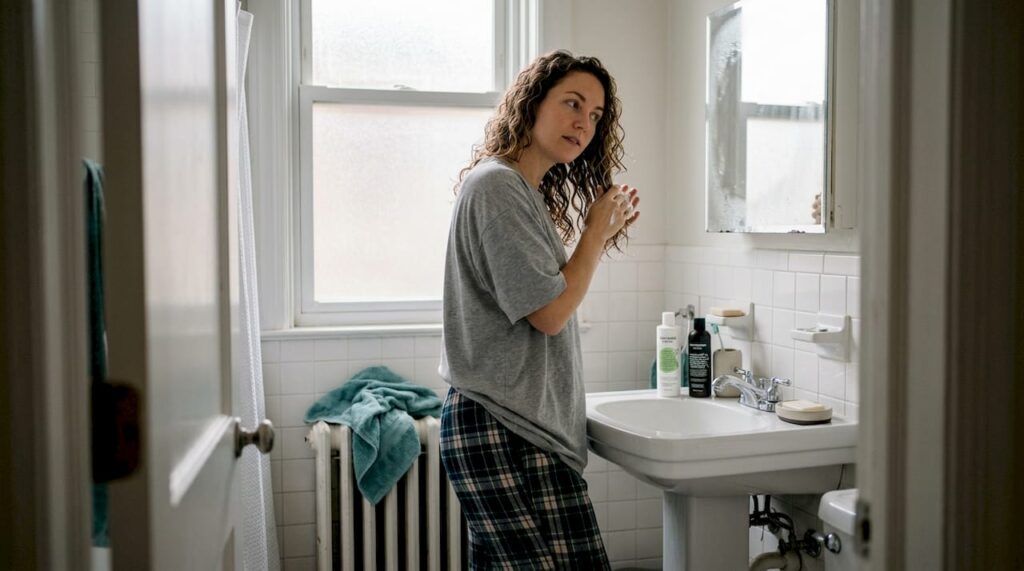 En kvinde står på badeværelset og fordeler krøllecreme i håret.