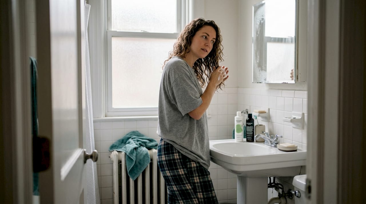 En kvinde står på badeværelset og fordeler krøllecreme i håret.