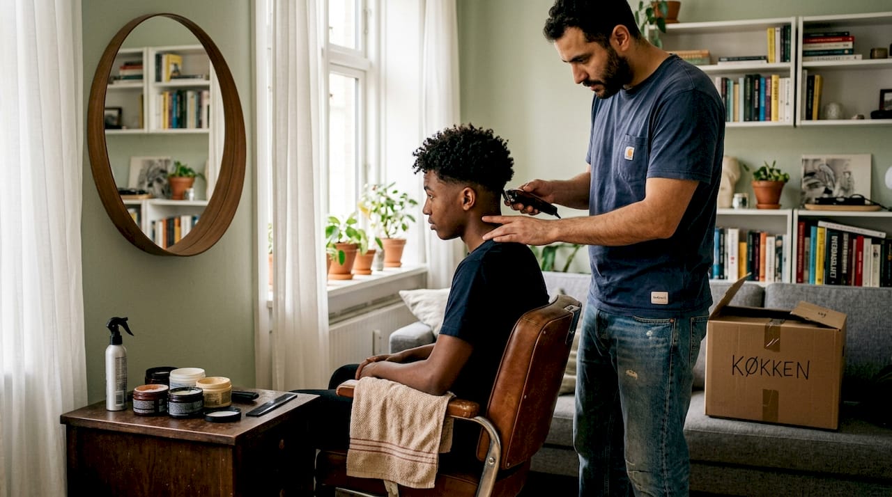 En barber laver en smart curly fade-klipning hjemme hos kunden