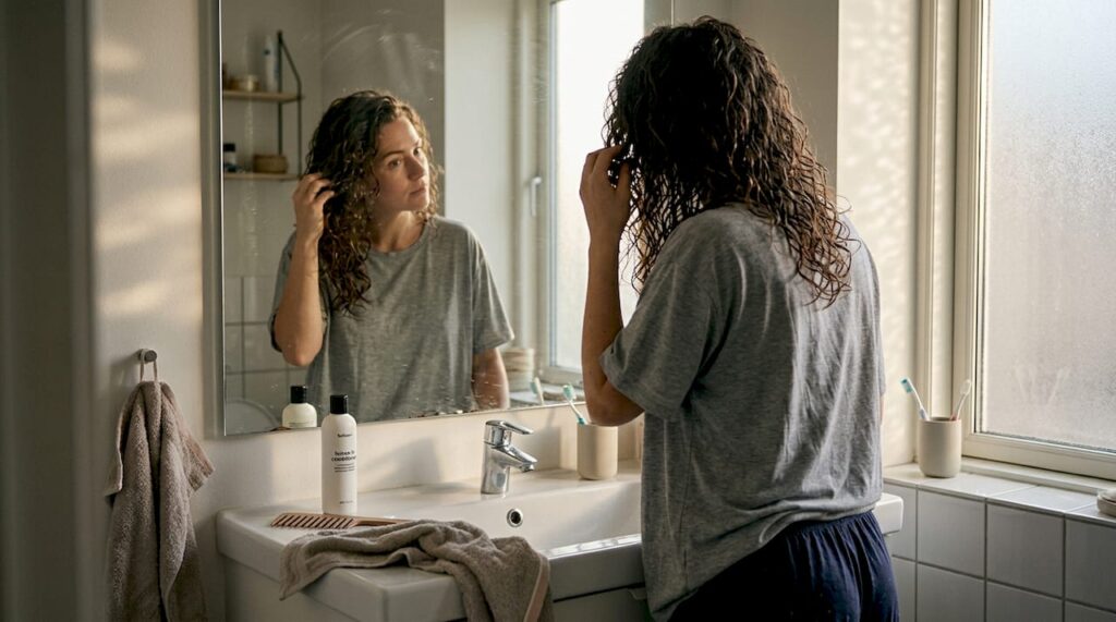 En kvinde står foran spejlet på badeværelset og ordner sit krøllede hår.