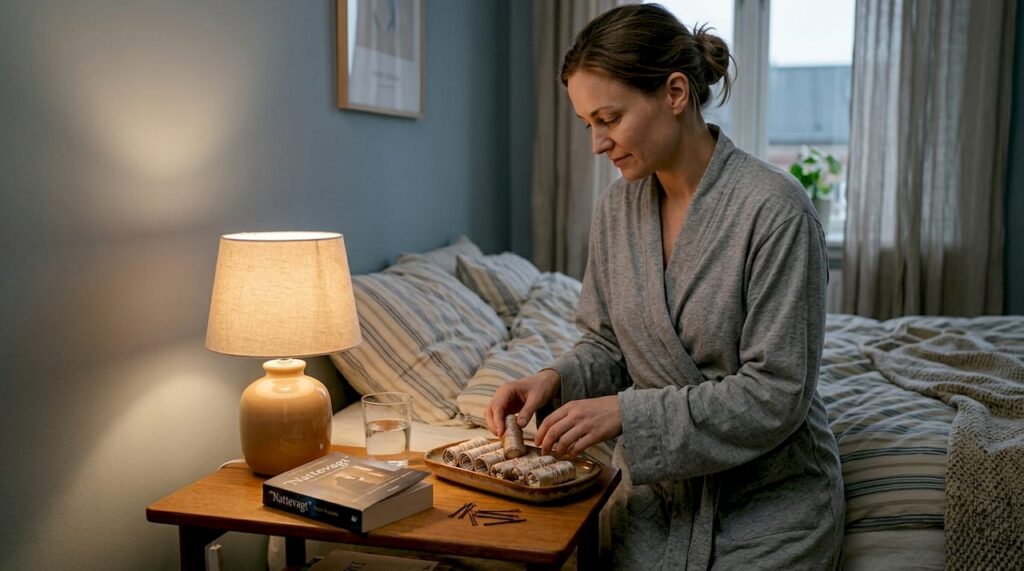 En kvinde lægger silkehårkrøller på natbordet.