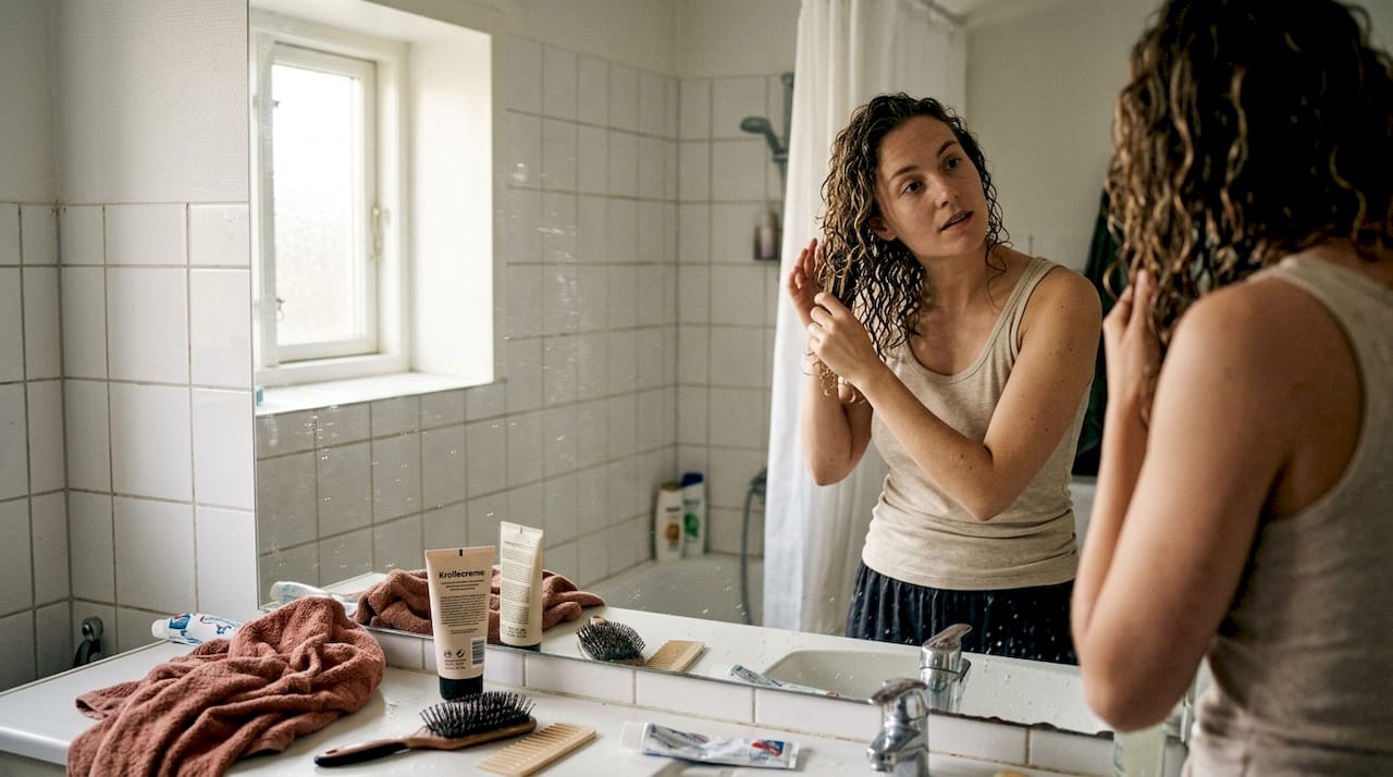 En kvinde med krøllet hår forkæler sine lokker med et alsidigt hårprodukt