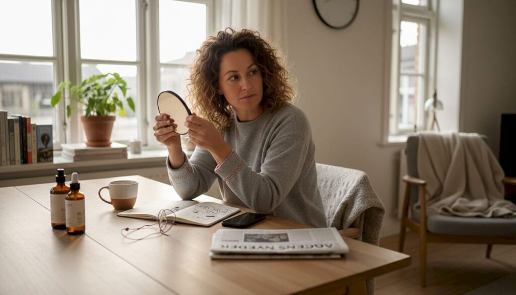 En kvinde sidder ved spisebordet og kigger nysgerrigt på sine krøller.