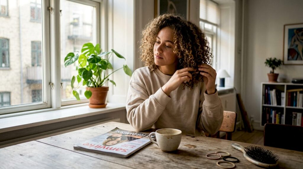 En person står i sin lejlighed og plejer sit krøllede hår.