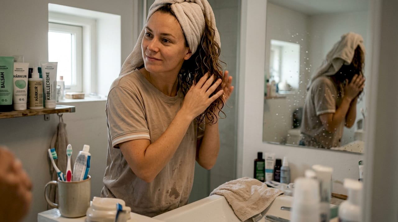 En kvinde står på badeværelset og fordeler leave-in conditioner i håret.