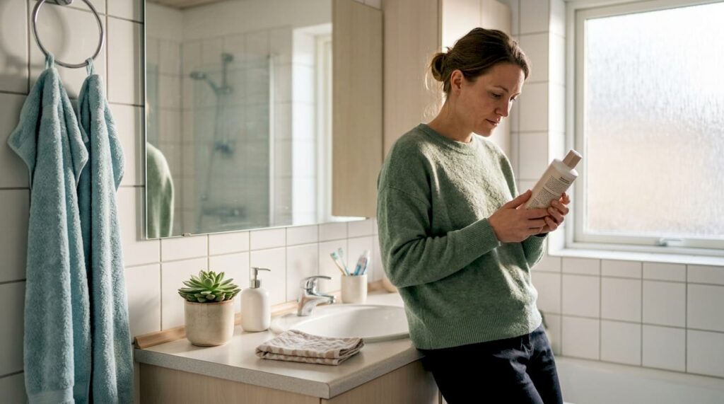 Kvinde står og kigger på ingredienslisten bag på en shampoo.