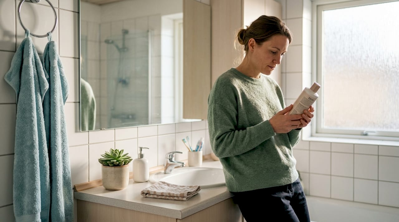 Kvinde står og kigger på ingredienslisten bag på en shampoo.