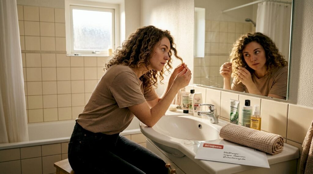 En kvinde med krøllet hår undersøger, om der er ophobninger rundt omkring i hjemmet.