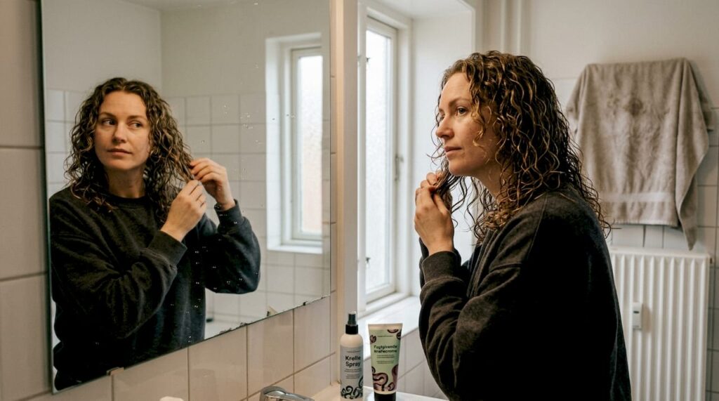 En kvinde står foran spejlet og tjekker sine krøller