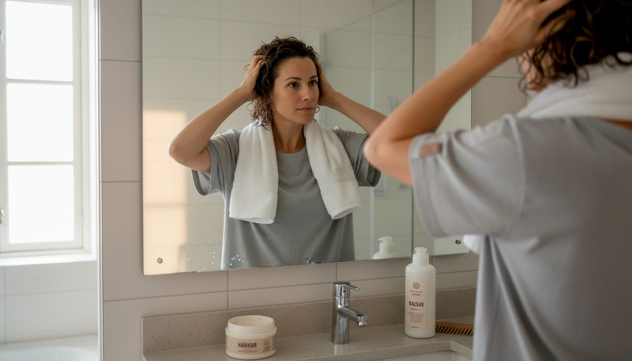 En kvinde plejer sine krøller med en leave-in balsam