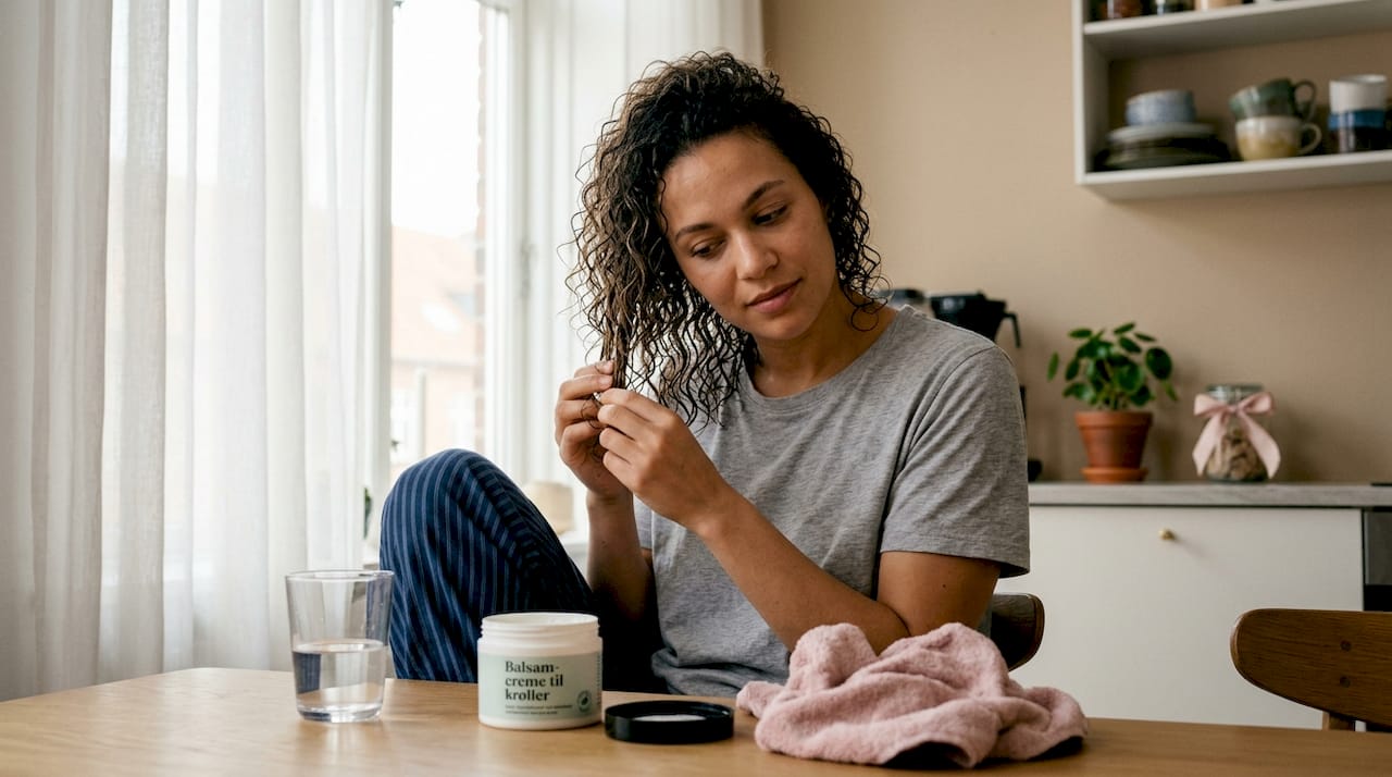 En kvinde sidder ved køkkenbordet og nusser om sit krøllede hår med rolige bevægelser.