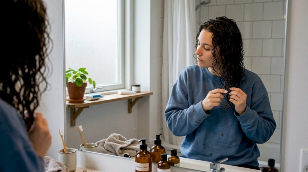 En kvinde står på badeværelset og plejer sine naturlige krøller.