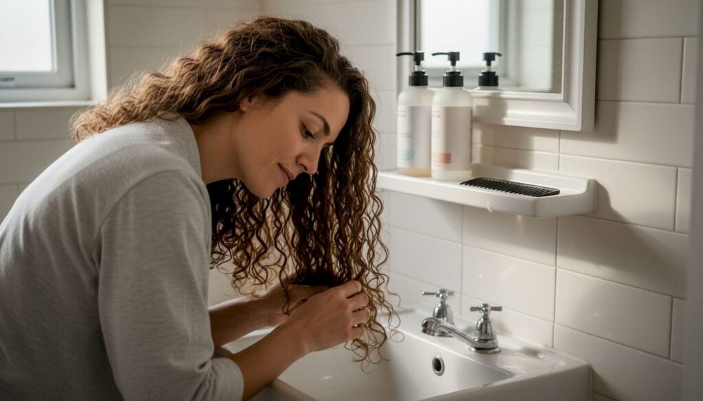 En kvinde står foran spejlet og fordeler hårkur i sine krøller.