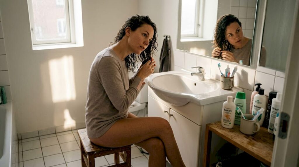 En kvinde står foran spejlet og børster sit krøllede hår.