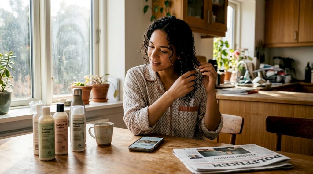 En kvinde står i sit køkken og plejer sine krøller med omhu.