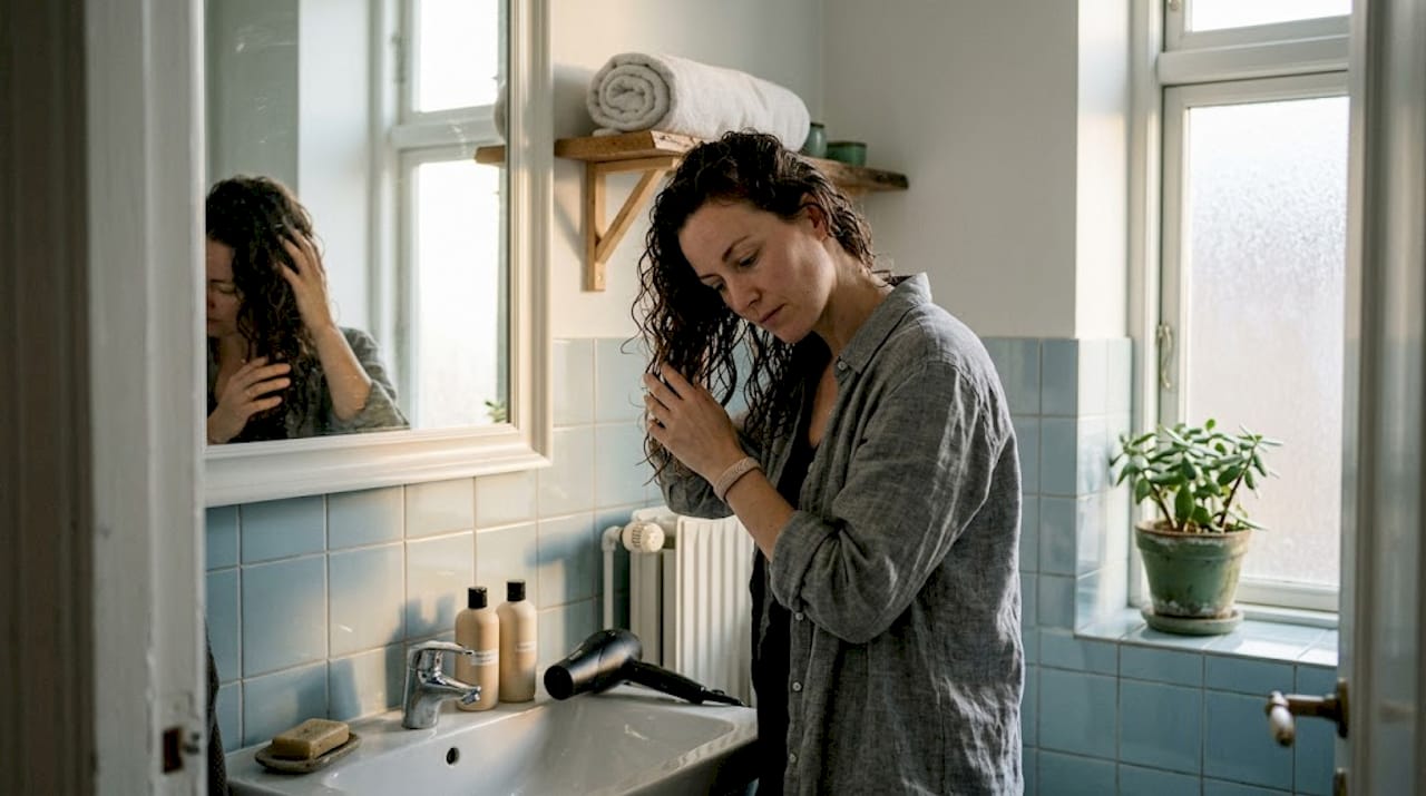 En kvinde står på badeværelset og ordner sit krøllede hår.