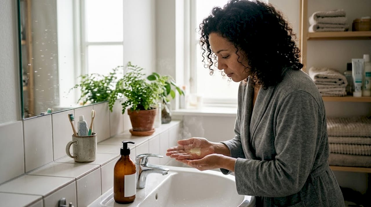 En kvinde vasker sit krøllede hår med en grøn shampoo