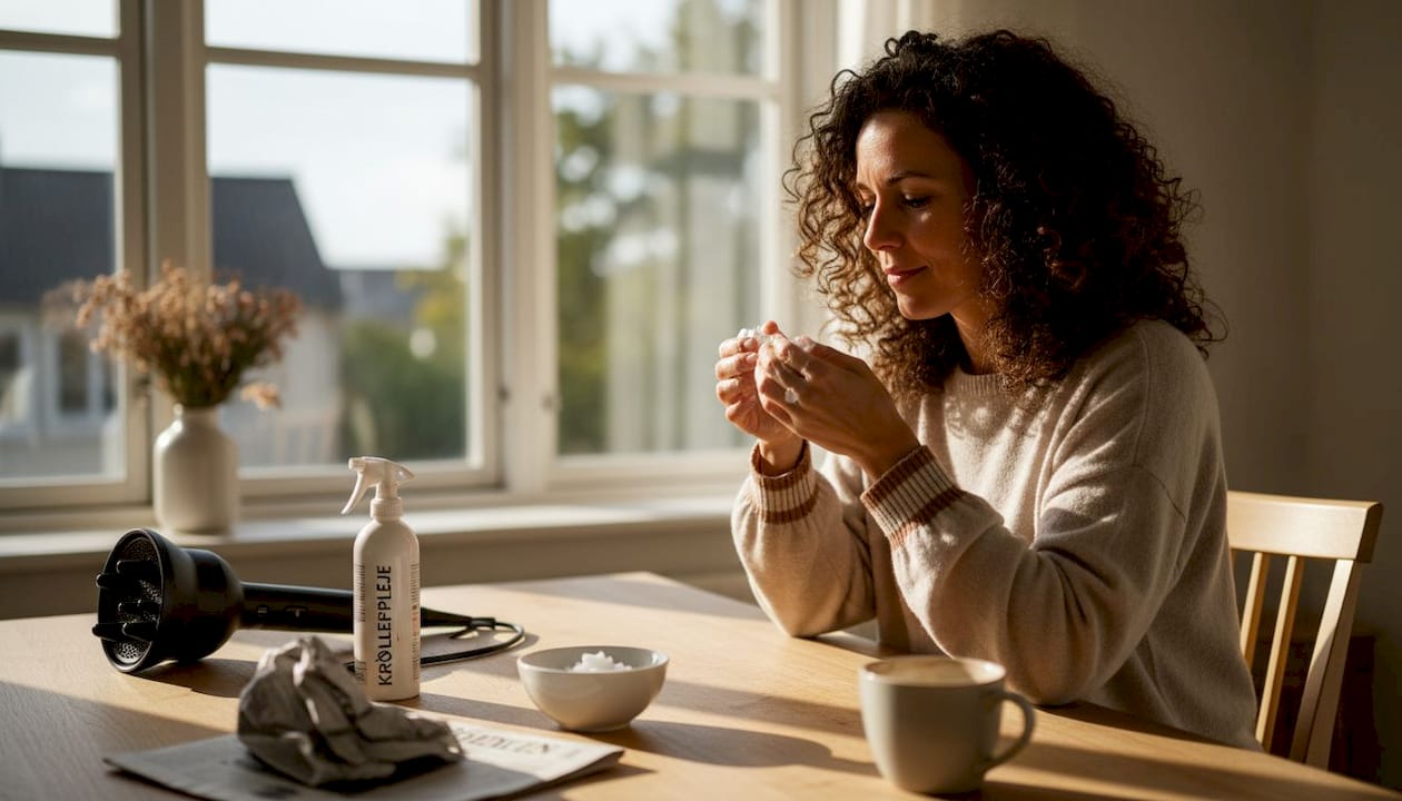 En kvinde sætter sit krøllede hår op hjemme i stuen