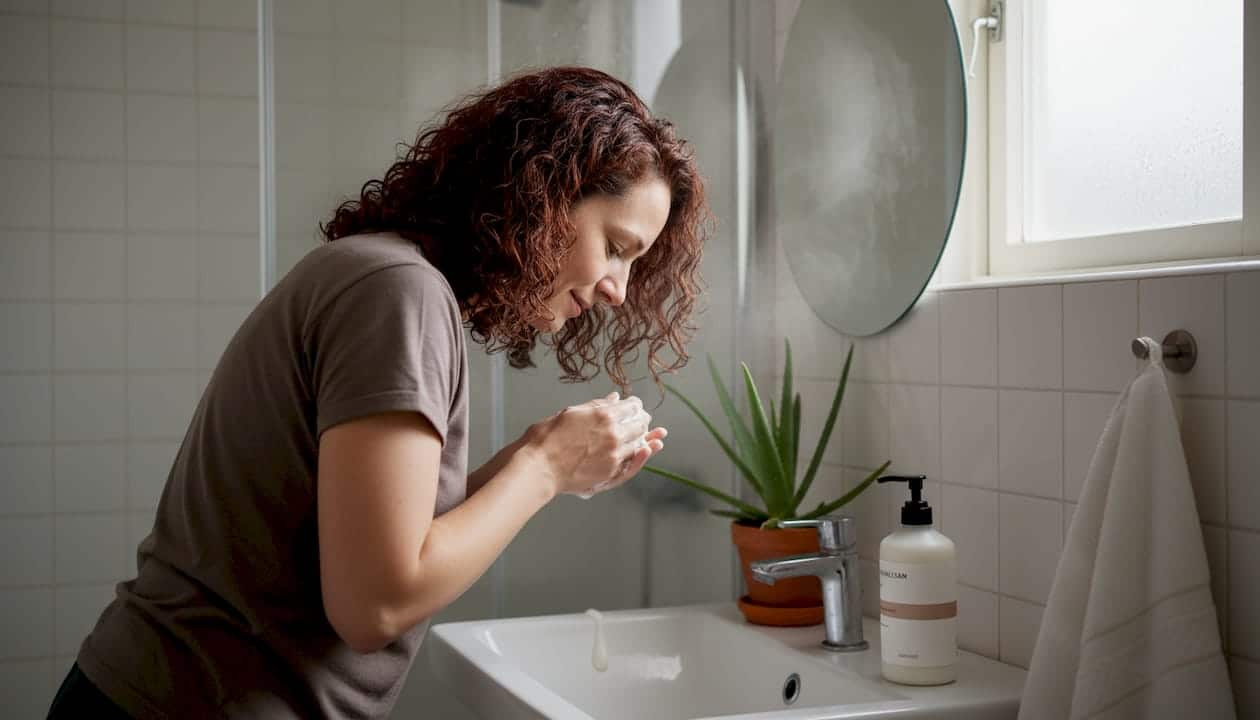 Kvinde står på badeværelset og fordeler balsam i sit krøllede hår.