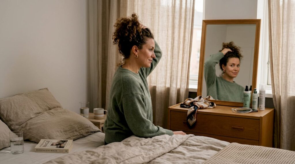 Kvinde gør sit krøllede hår klar til natten