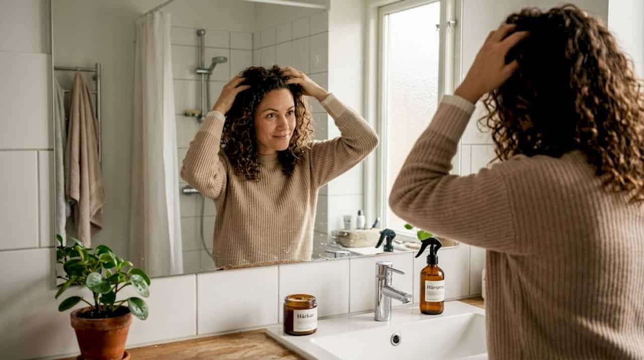 En kvinde passer og plejer sine krøller i toppen af håret.