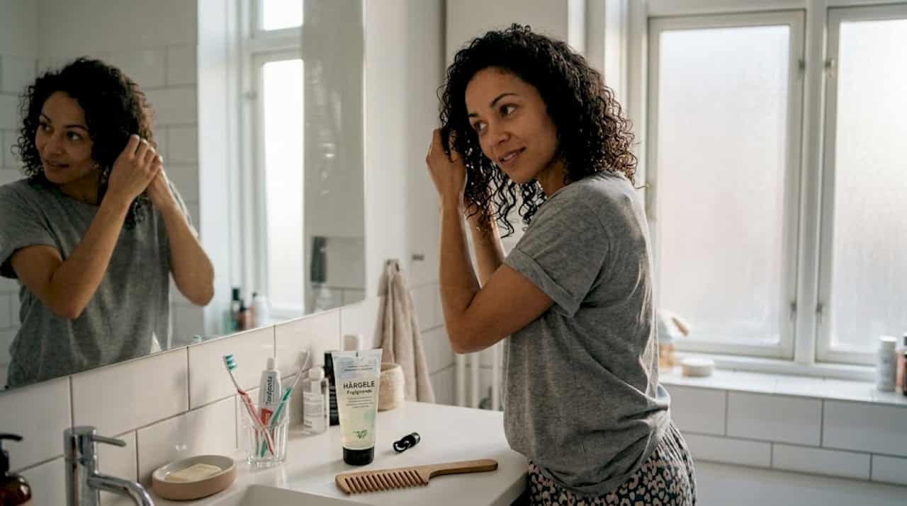 En kvinde fordeler gelé i sit våde, krøllede hår