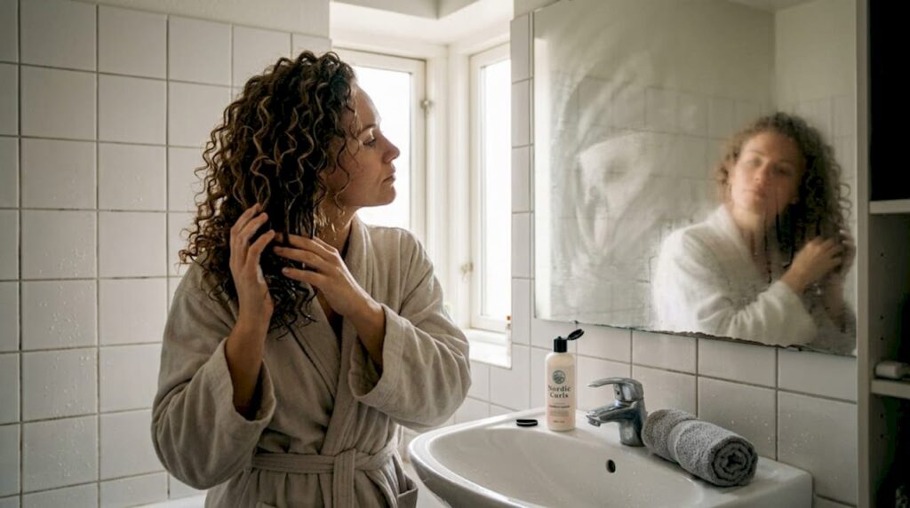 En kvinde står på badeværelset og fordeler balsam i sit krøllede hår.