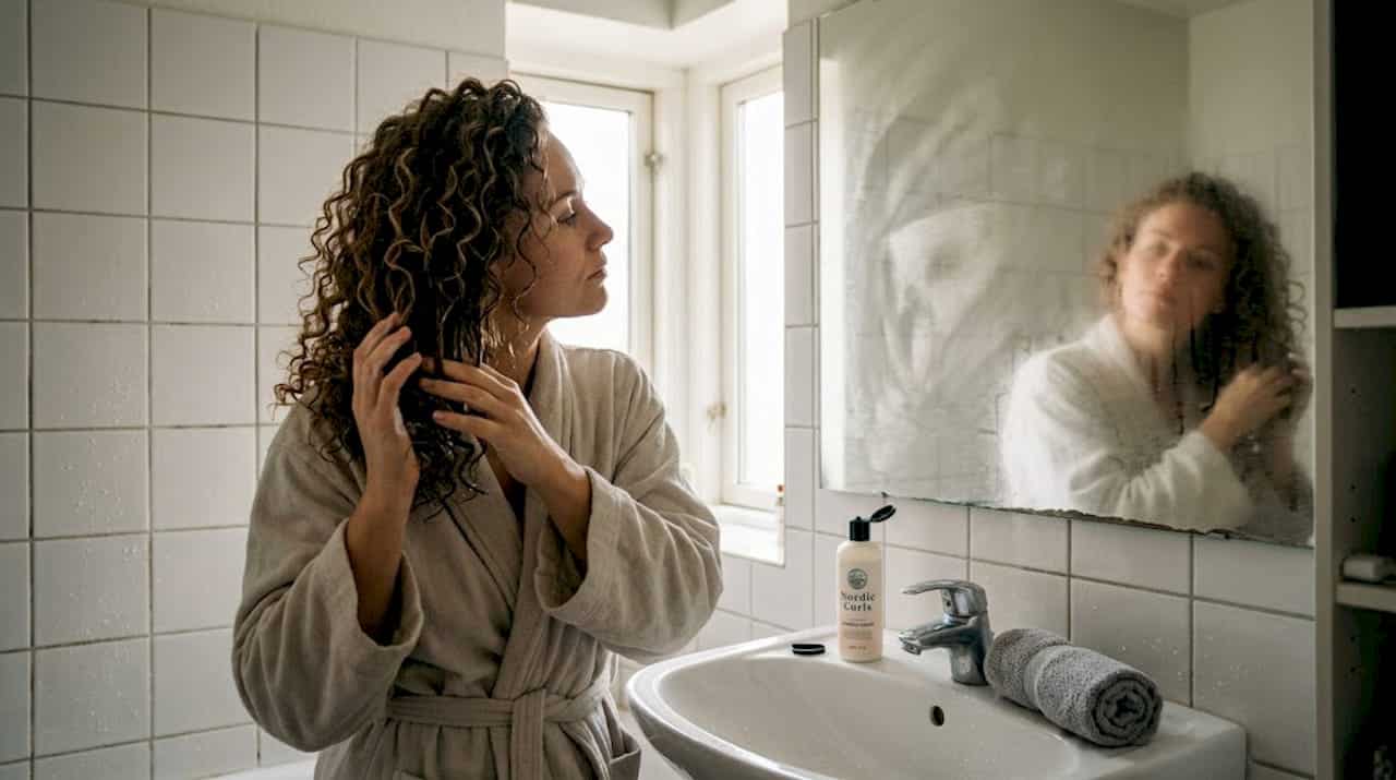 En kvinde står på badeværelset og fordeler balsam i sit krøllede hår.