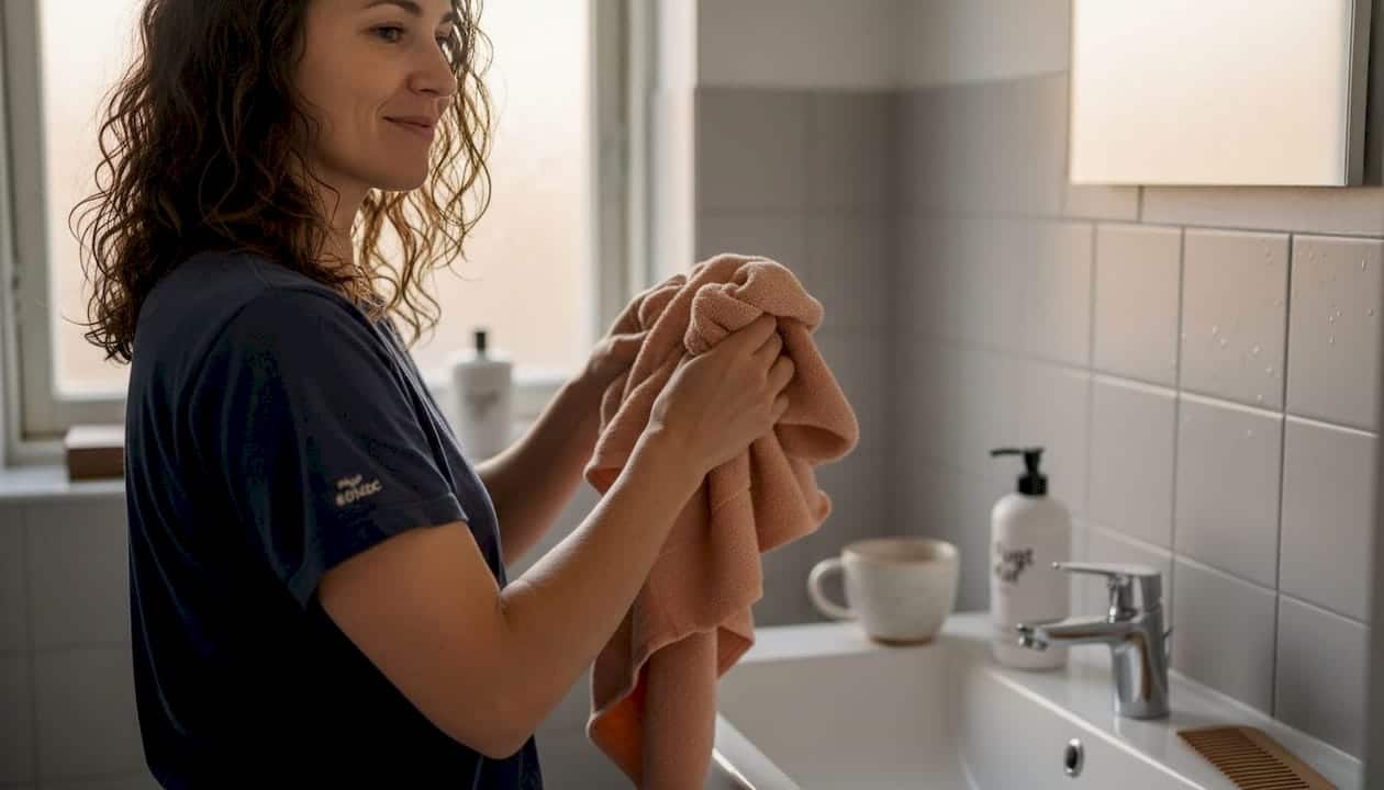 En kvinde plejer sine krøller foran håndvasken på badeværelset.