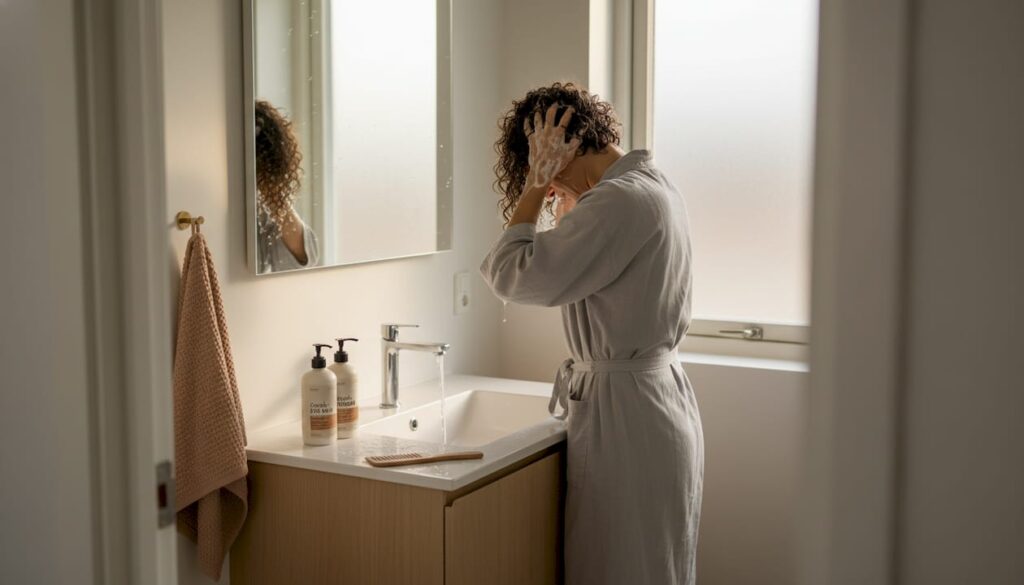 En kvinde står på badeværelset og vasker sit krøllede hår under bruseren.