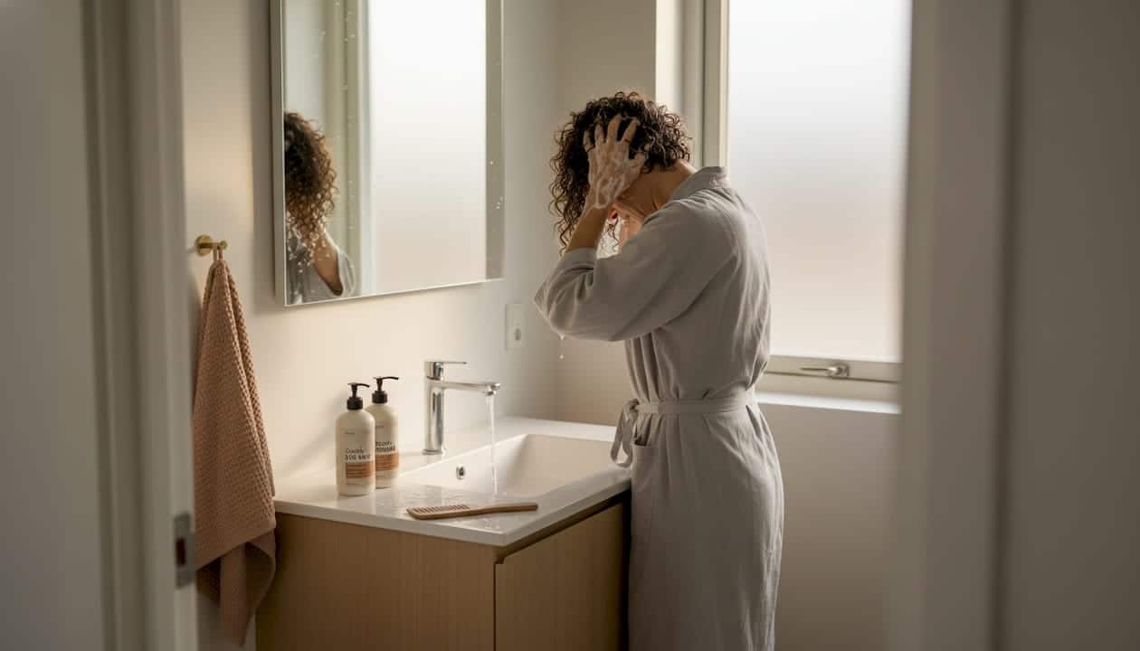 En kvinde står på badeværelset og vasker sit krøllede hår under bruseren.