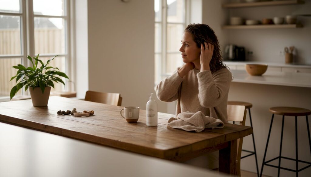 En kvinde giver sit krøllede hår lidt ekstra omsorg hjemme ved køkkenbordet.
