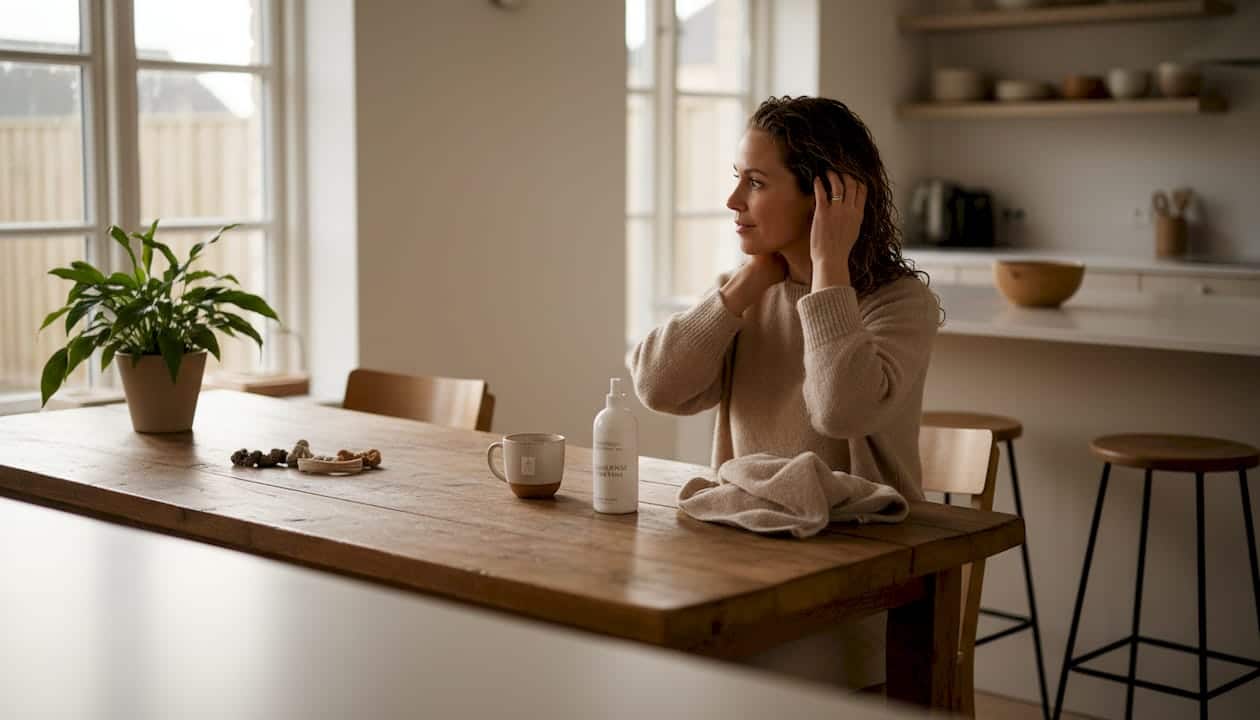 En kvinde giver sit krøllede hår lidt ekstra omsorg hjemme ved køkkenbordet.