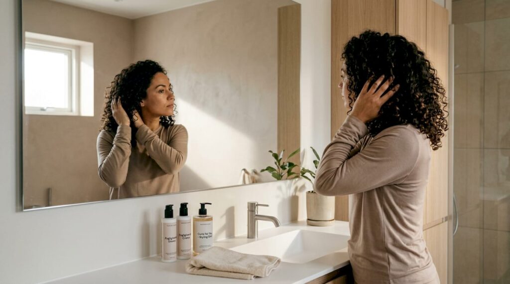 En kvinde med krøllet hår står foran spejlet og ordner sine lokker.