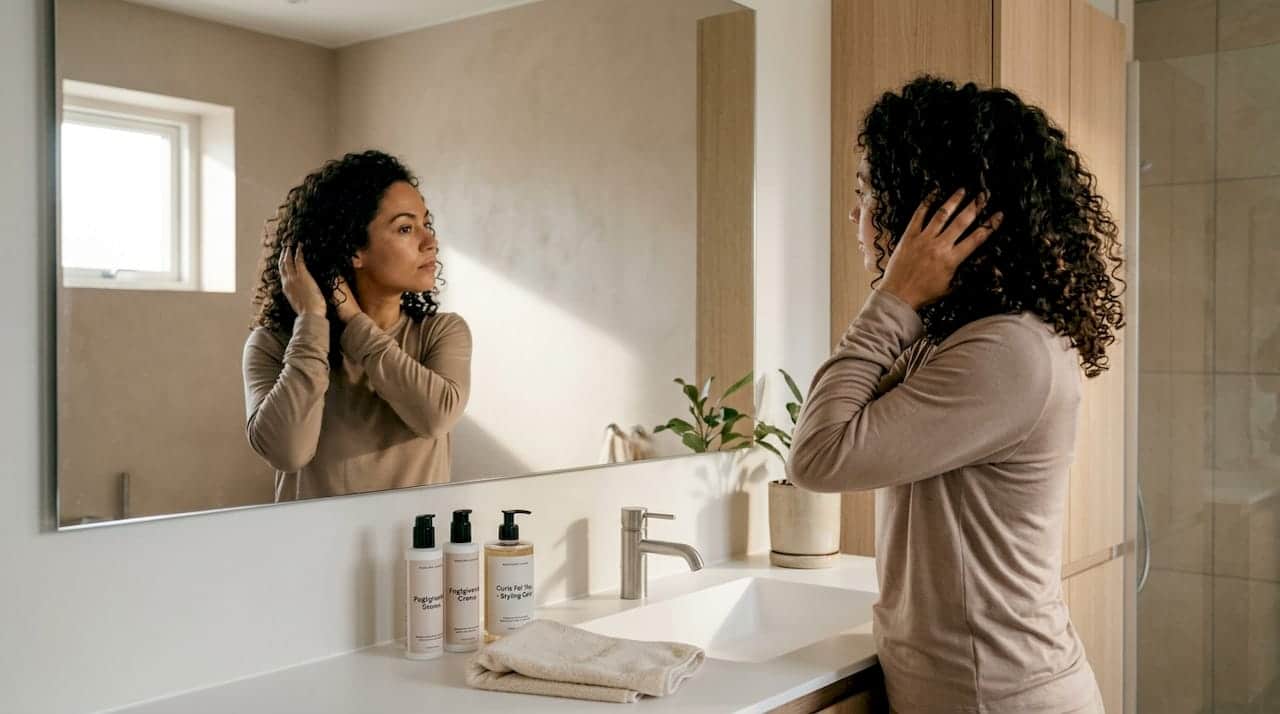 En kvinde med krøllet hår står foran spejlet og ordner sine lokker.