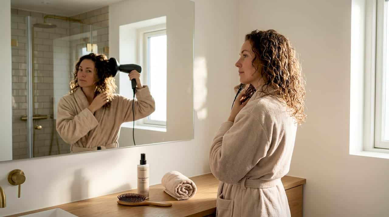 En kvinde tørrer sit krøllede hår med en diffuser
