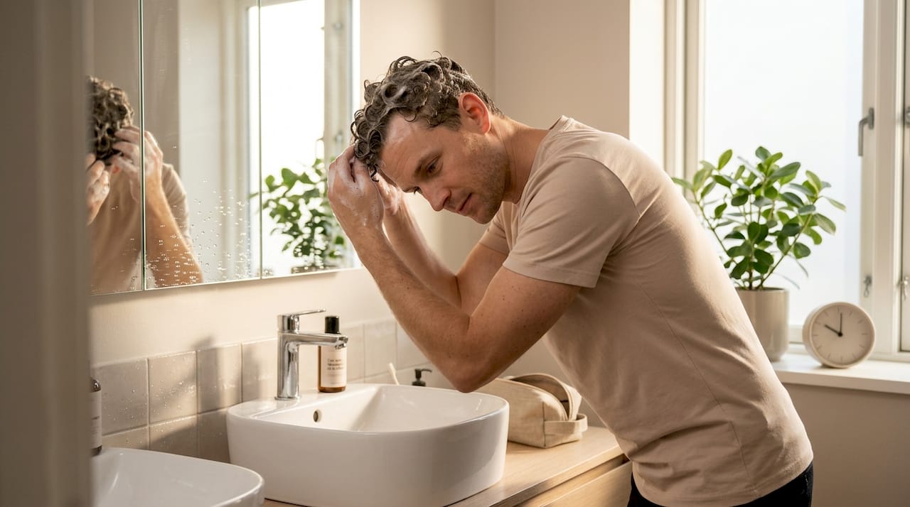 En mand vasker sit krøllede hår med en mild low-poo shampoo