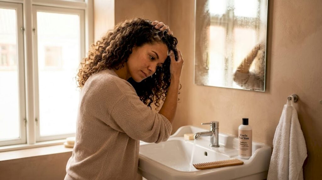 En kvinde står på badeværelset og vasker sit krøllede hår med en sulfatfri shampoo.