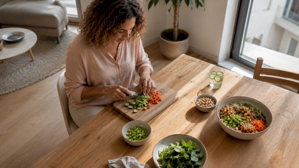 Kvinde i gang med at tilberede et sundt måltid med fokus på protein
