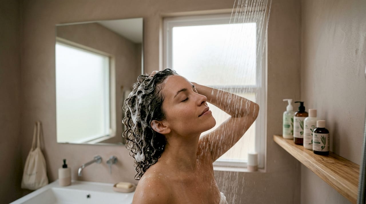 En kvinde vasker sit hår med en mild shampoo