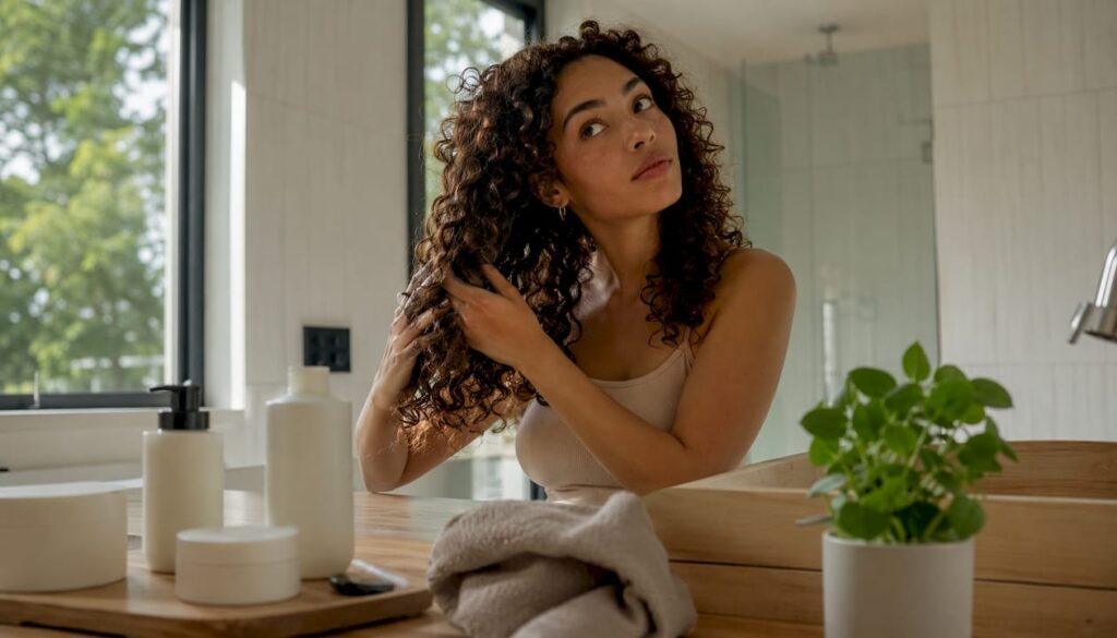 En kvinde fordeler leave-in conditioner i sine krøllede lokker for at give håret ekstra fugt og definition.
