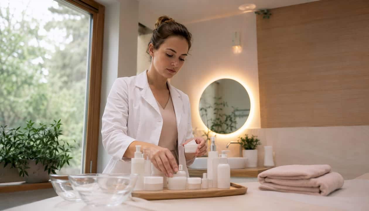 Kosmetologen gør klar til en grundig ansigtsbehandling i klinikken