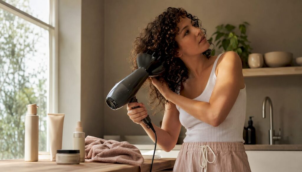 Kvinde styler sine krøller med en diffuser