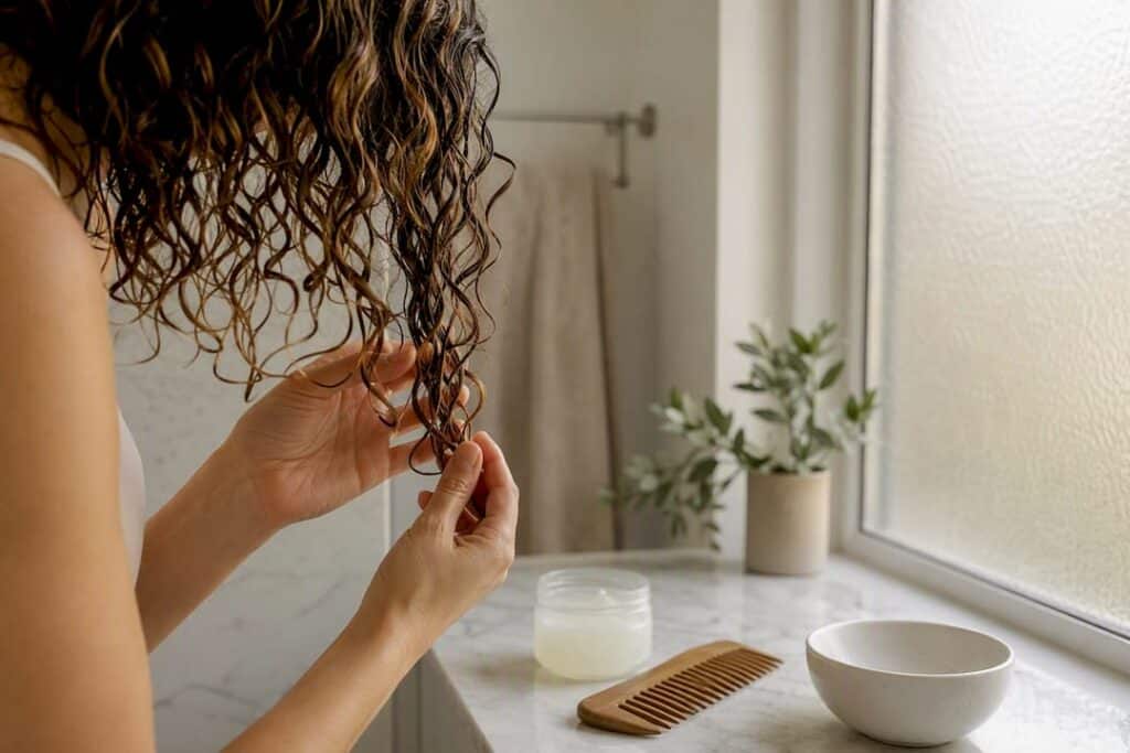 Hænder styler krøllet hår med 'rake and shake'-teknik