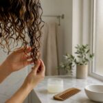 Hænder styler krøllet hår med 'rake and shake'-teknik