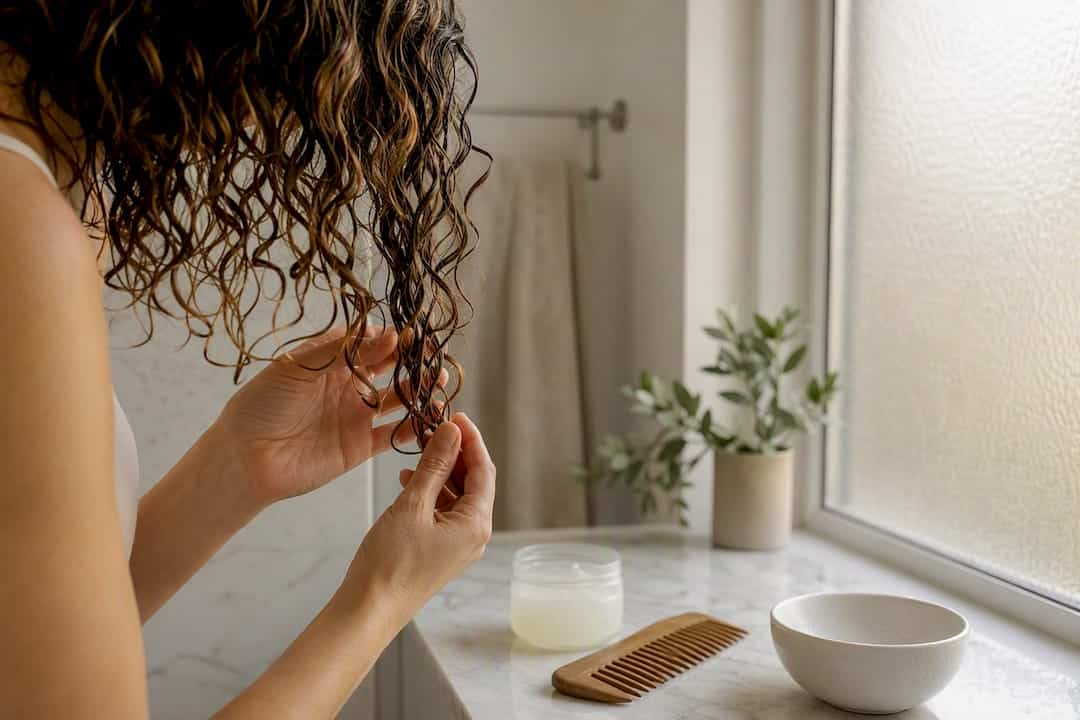 Hænder styler krøllet hår med 'rake and shake'-teknik
