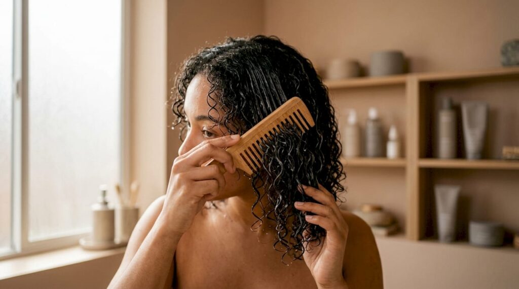 Kammer vådt krøllet hår med conditioner i hånden