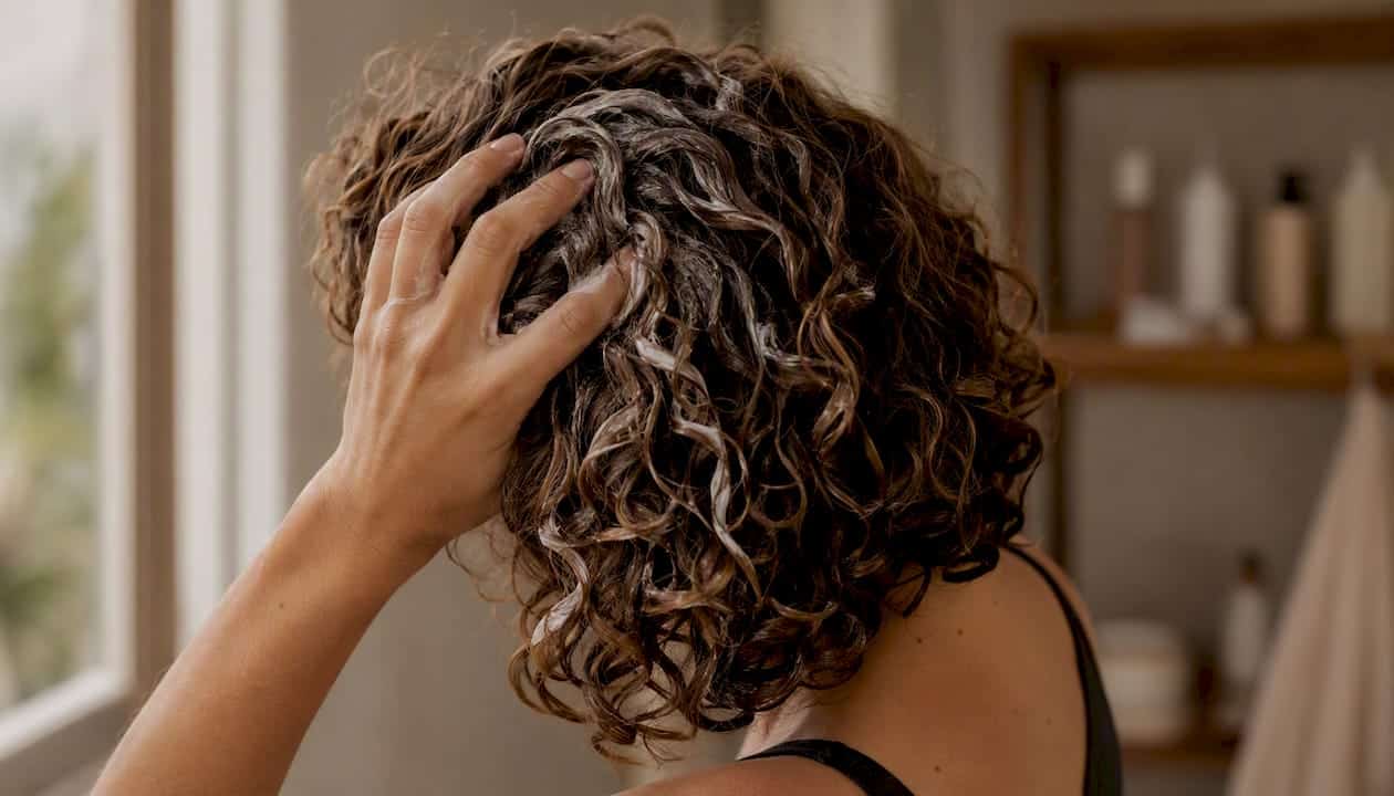 Hånd påfører stylingprodukt i kort, krøllet hår